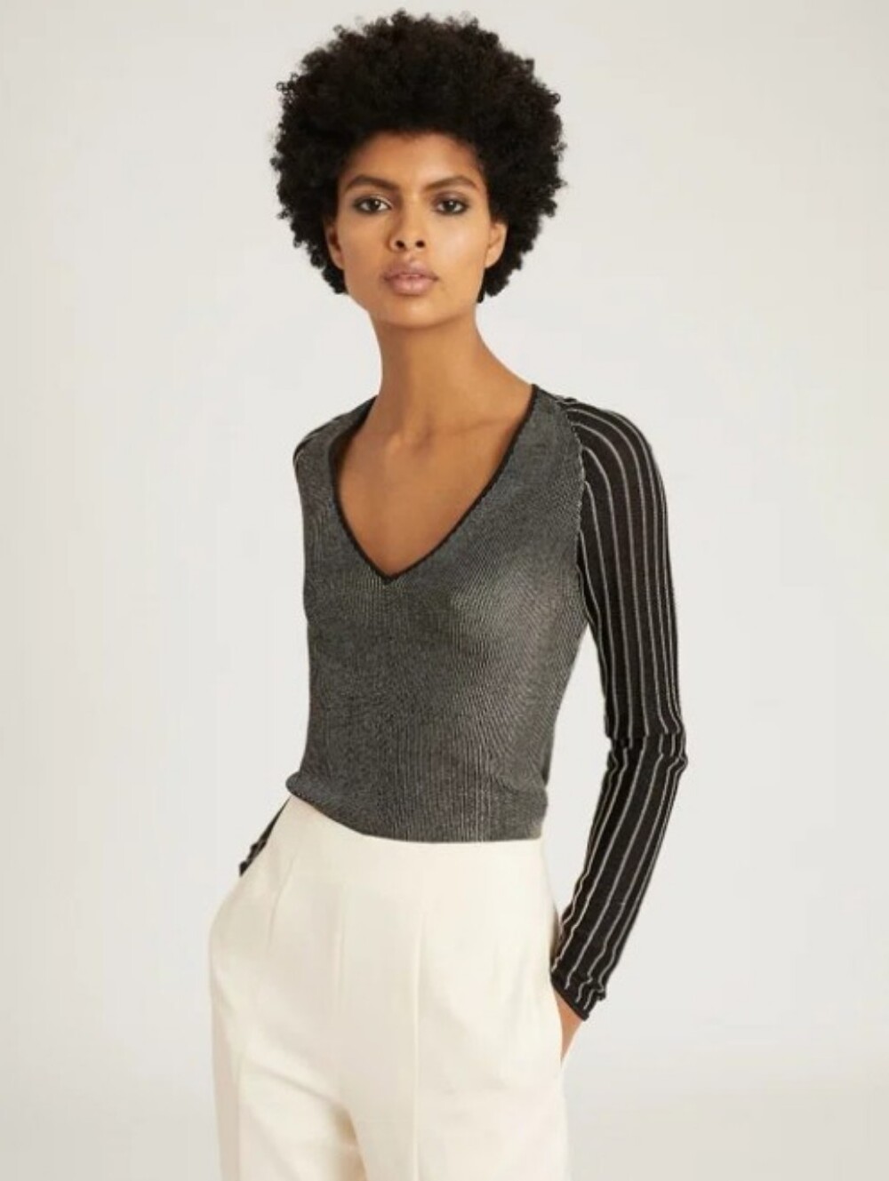 REISS Metallic Ribbed Plunge Esta Top